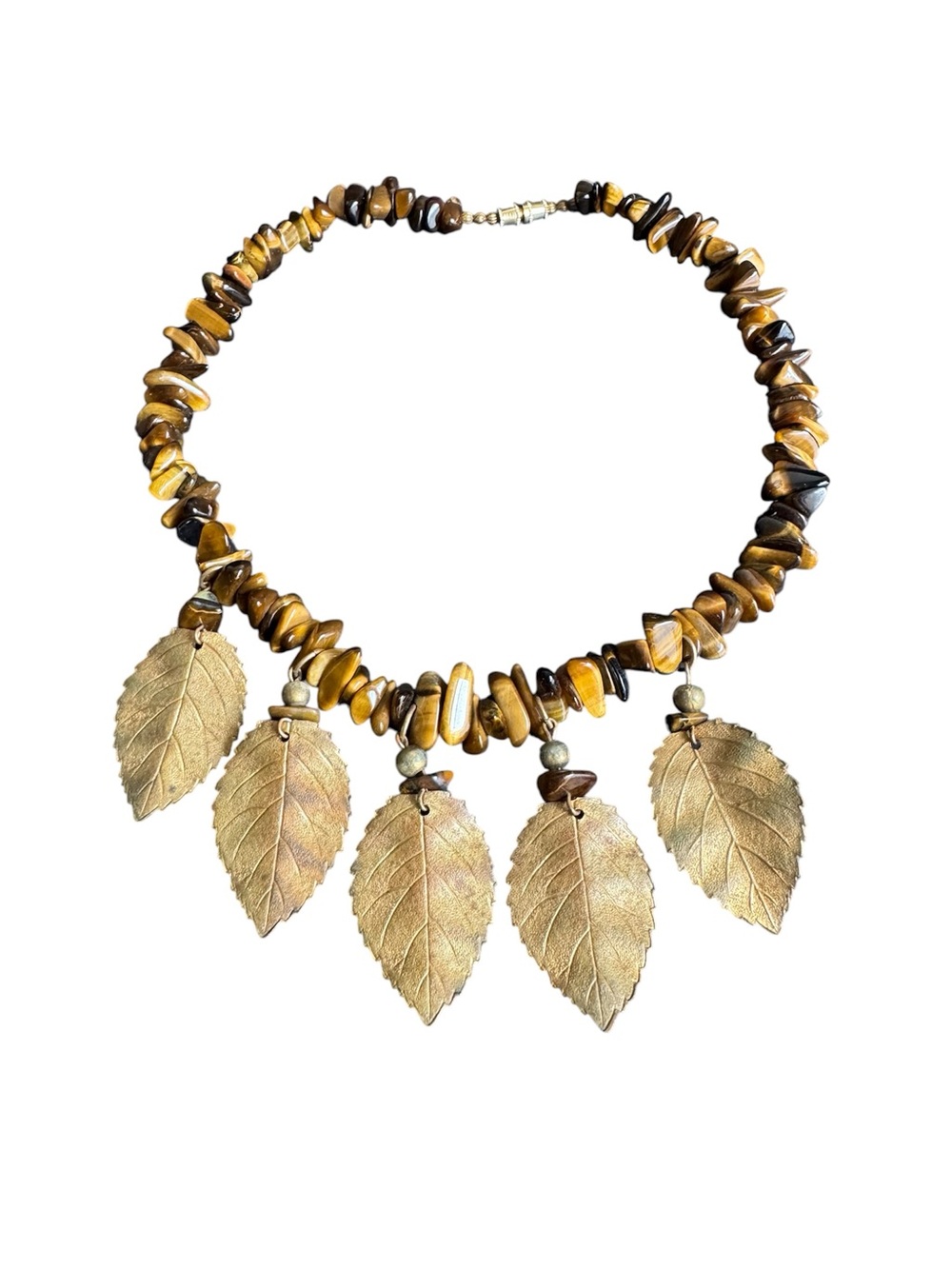Vintage Tigers Eye Beaded Necklace Gold Leaf Leaves Statement Handmade‎ 17"